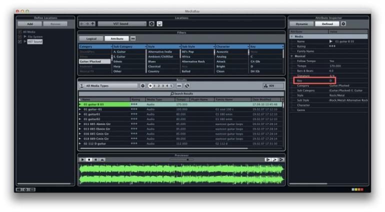 Informace o originální tónině je v MediaBay Cubase zobrazeno zde.